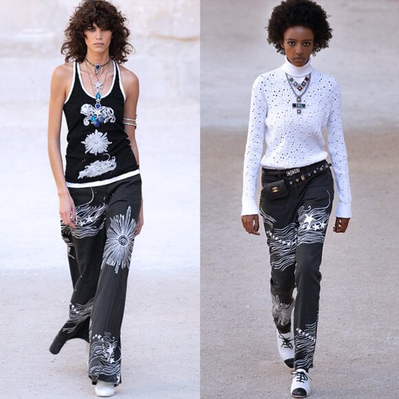 Authentic CHANEL CC Denim Jeans Pants Print Logo 34 Black